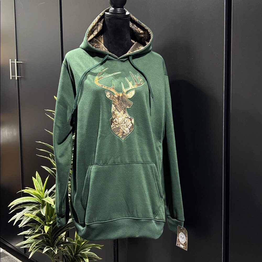 Realtree APX Buckead logo, pullover,fleece lined, camo hood pattern,hoodie,deer